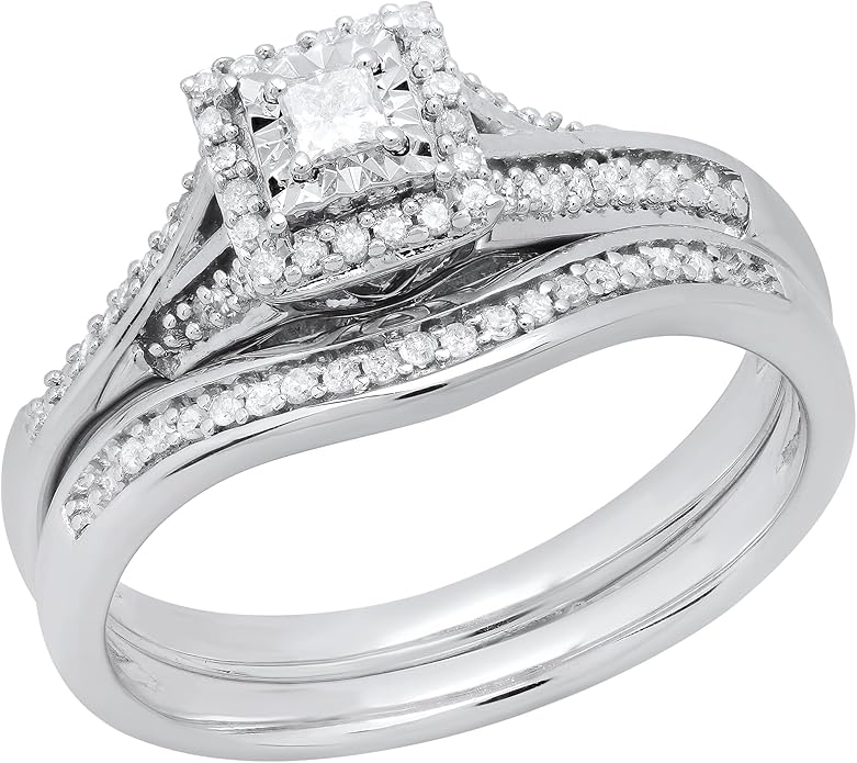 White Diamond Bridal Engagement Ring Set Sterling Silver
